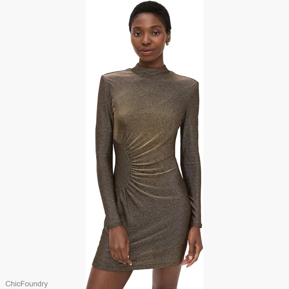 Metallic Knit Mini Dress Long Sleeve Mock Neck Bodycon Evening Wear